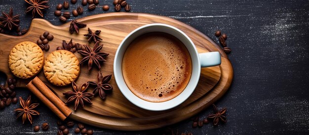 Photo tasse de café avec des biscuits et des craquelins sur une table en bois pour la pause ou le temps de relaxation avec l'espace de copie