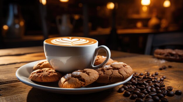 Une tasse de café et des biscuits sur une table en bois.