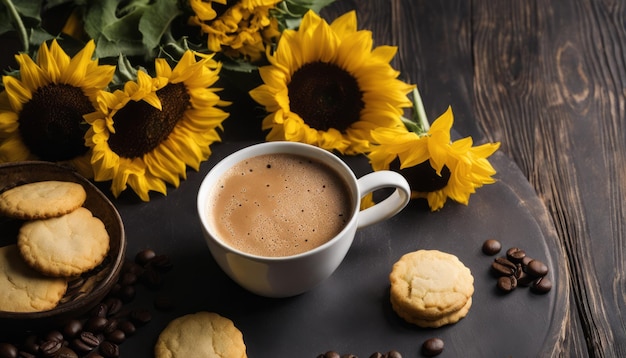 Une tasse de café avec des biscuits et des tournesols