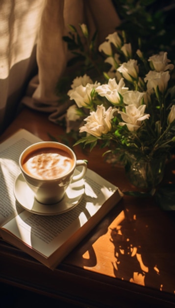 Une tasse de café blanc et un livre sur l'humeur d'automne généré par l'IA