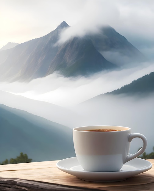 Photo une tasse de café blanche et une belle vue sur les montagnes en hiver