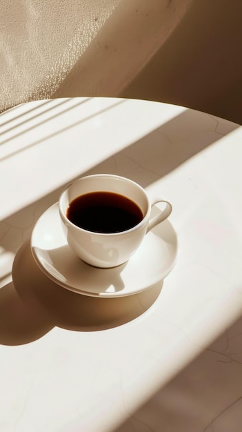 Une tasse de café blanche avec un café noir assis sur une assiette blanche