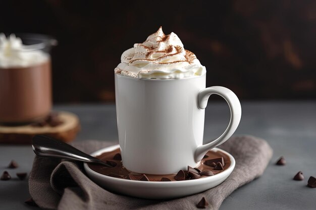 Une tasse de café blanche avec de la crème fouettée et des morceaux de chocolat sur une soucoupe.