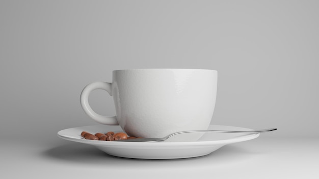 Une tasse de café blanche avec une cuillère à café et des grains de café sur fond blanc