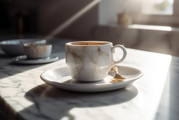 Tasse de café blanche dans un intérieur moderne et lumineux