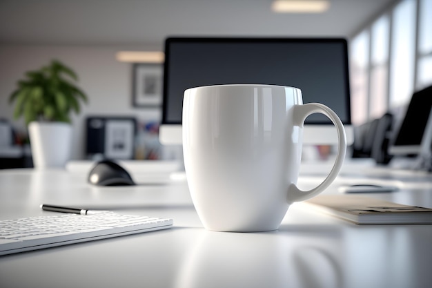 Une tasse de café blanche est posée sur un bureau dans un bureau.