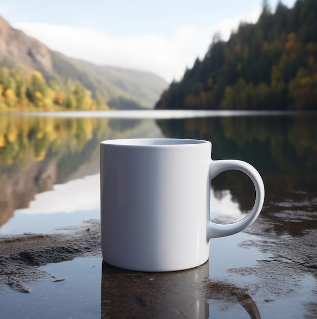 Une tasse à café blanche est posée sur une surface humide avec une montagne en arrière-plan.