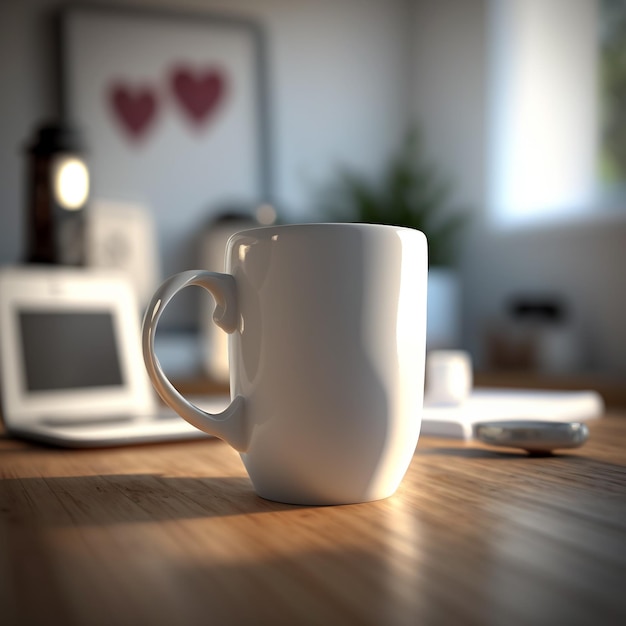 Une tasse de café blanche est posée sur une table en bois avec un cœur rouge sur le mur derrière elle.