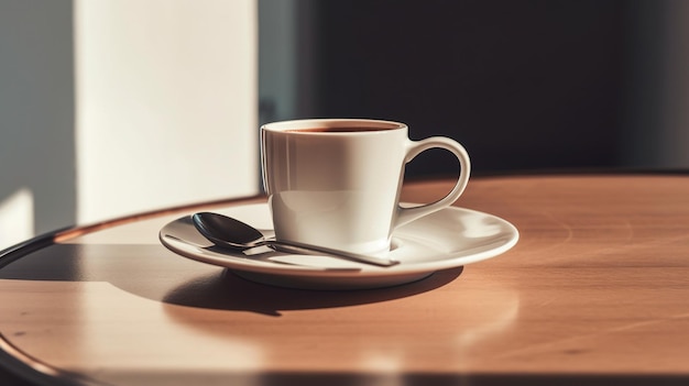 Une tasse de café blanche est posée sur une table en bois avec une cuillère dessus.