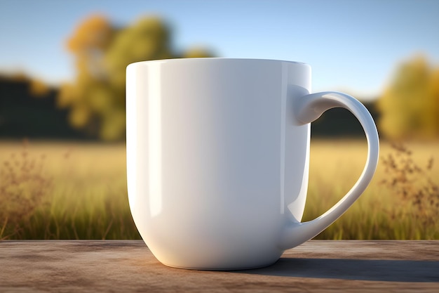 Une tasse à café blanche est posée sur une table en bois dans un champ.