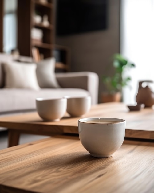 Une tasse de café blanche est posée sur une table en bois avec fond de salon Generative AI