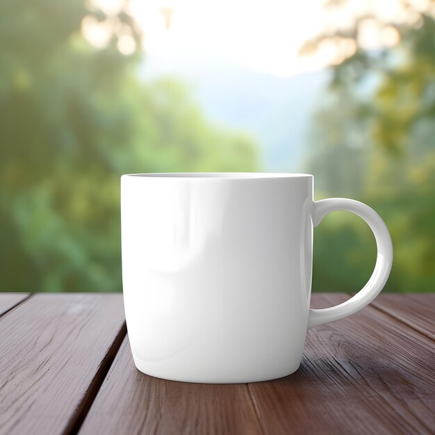 Une tasse à café blanche est posée sur une table en bois.