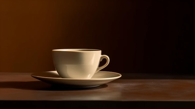 Une tasse de café blanche est posée sur une table avec un fond sombre.