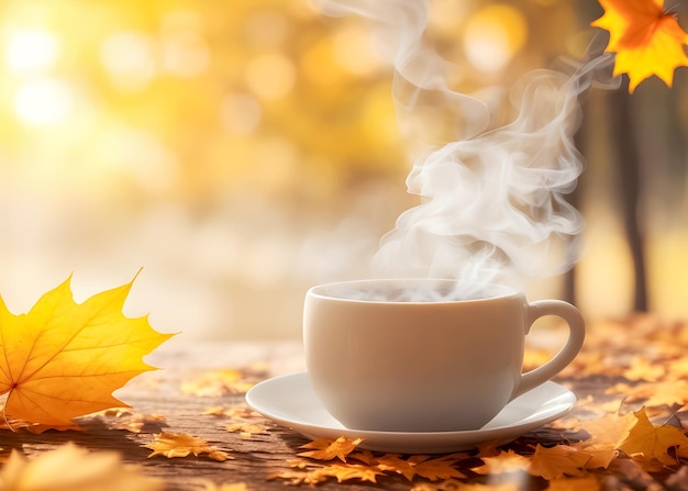 Photo une tasse de café blanche avec de la fumée blanche placée sur une aïe d'automne naturelle générée