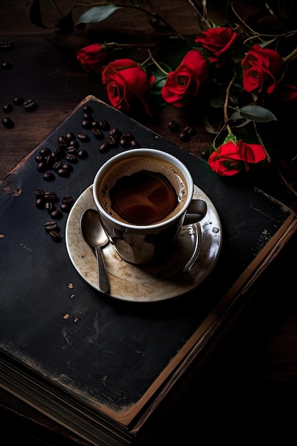 tasse à café blanche avec grains de café et fleurs