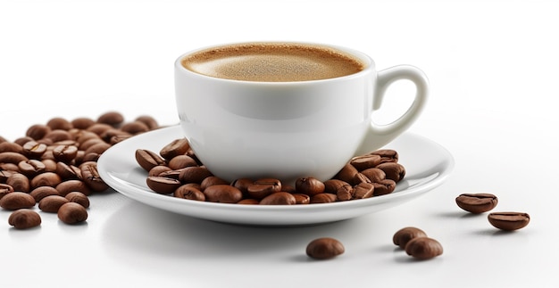 Tasse de café blanche avec des grains de café sur fond blanc Image générée par AI