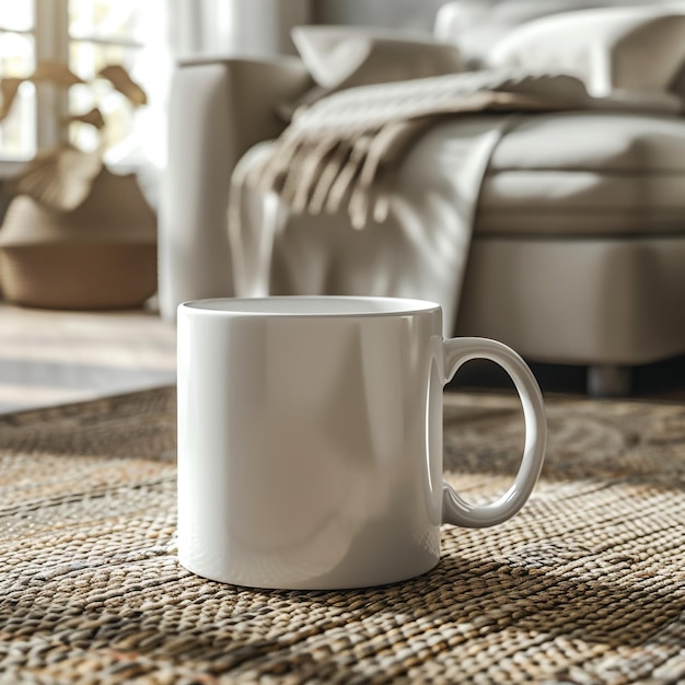 Une tasse de café blanche sur le lit avec une couverture grise