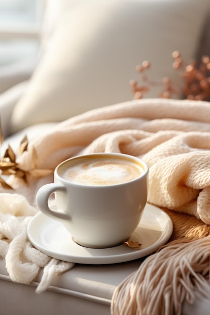 Tasse de café blanche et livre sur l'ambiance d'automne