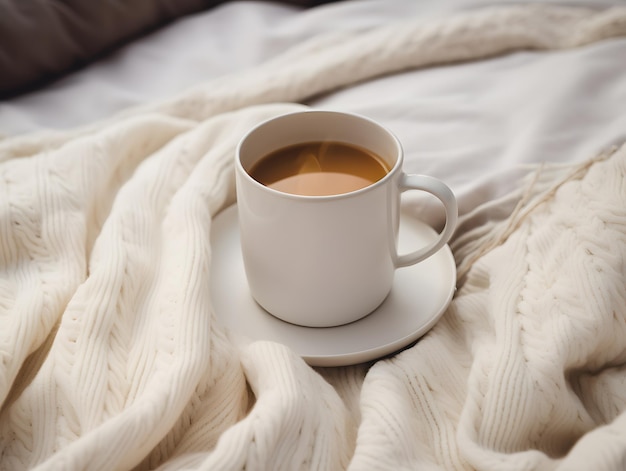 Une tasse de café blanche minimaliste à tricot