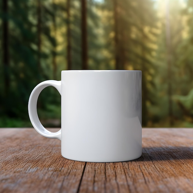 Une tasse à café blanche avec une poignée blanche est posée sur une table en bois.