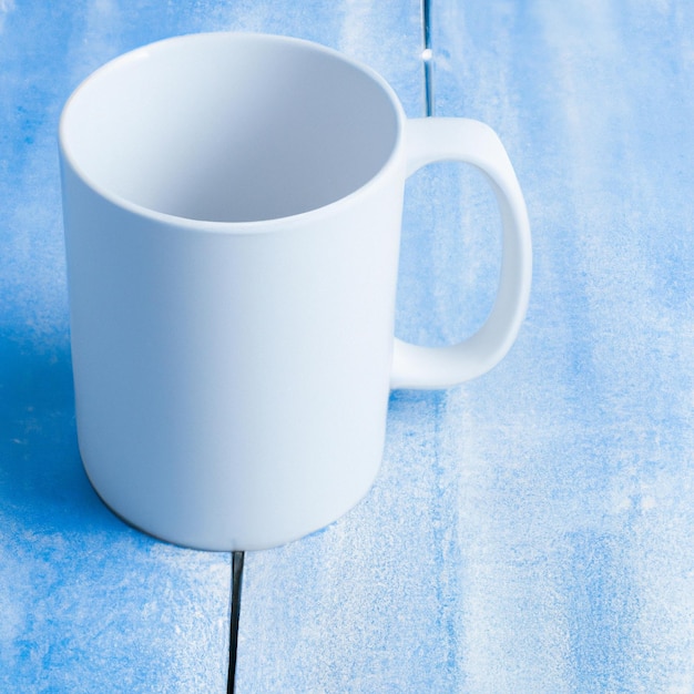 Photo une tasse de café blanche se trouve sur une surface en bois bleue