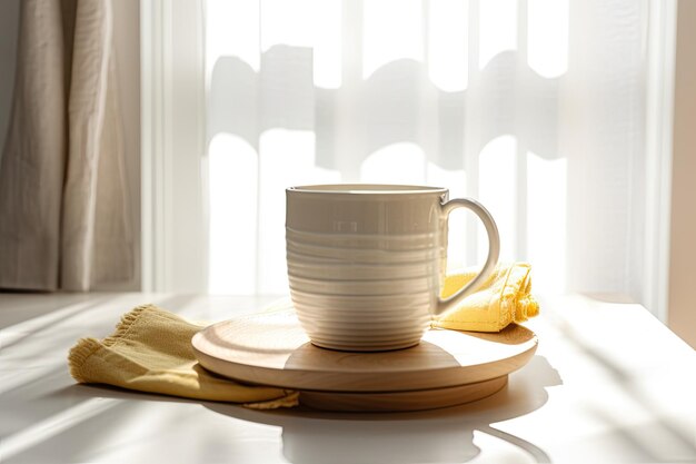 Une tasse à café blanche et une serviette sont posées sur une table dans une vraie cuisine avec beaucoup de lumière naturelle