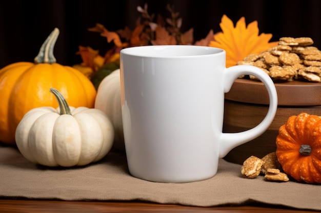 Tasse à café blanche sur table en bois avec fond de citrouilles et de feuilles d'automne