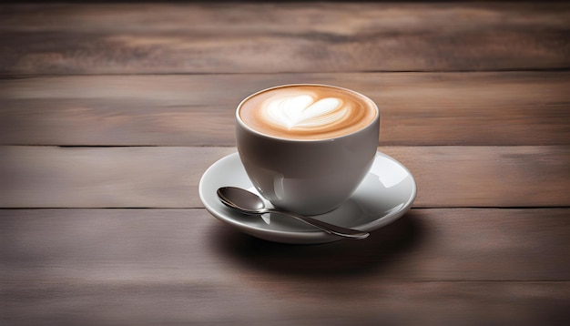 Une tasse de café blanche sur une table en bois