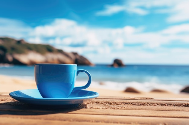 une tasse de café bleue avec un fond de sable de plage concept de lundi bleu AI génératif