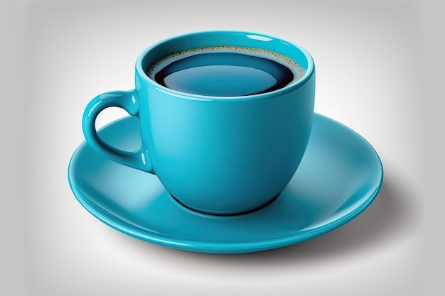 Tasse à café bleue posée sur une soucoupe blanche Generative AI