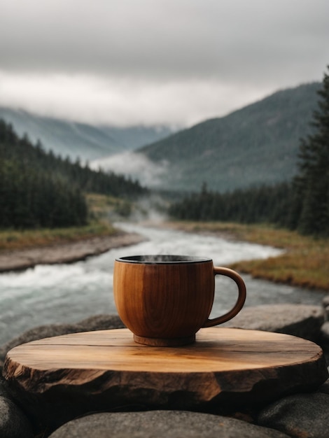 Une tasse de café en bois sur une pierre plate