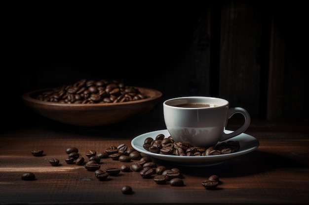 Une tasse de café et un bol de grains de café