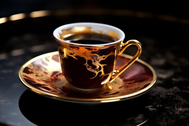 Une tasse de café avec un bord doré et une cuillère sur une soucoupe