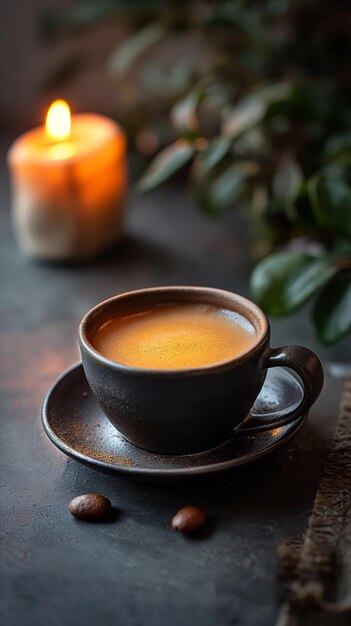 une tasse de café avec une bougie à côté