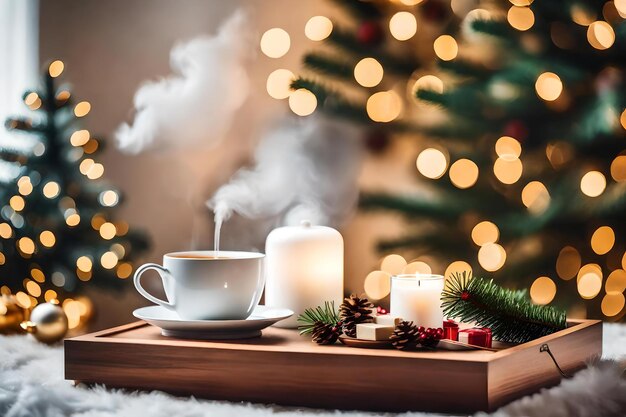 Une tasse de café et une bougie sur une table avec un arbre de Noël en arrière-plan.