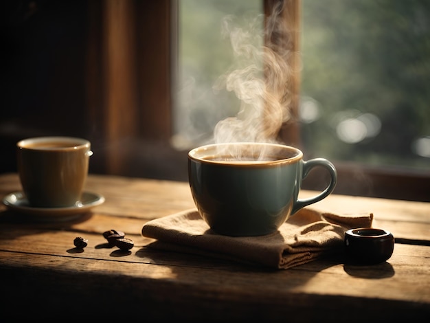 Une tasse de café bouillonnante d'un matin confortable reposant sur une table en bois rustique