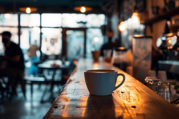 Photo une tasse de café bouillonnante repose sur une table en bois usée jetant une lueur chaude sur la surface rustique