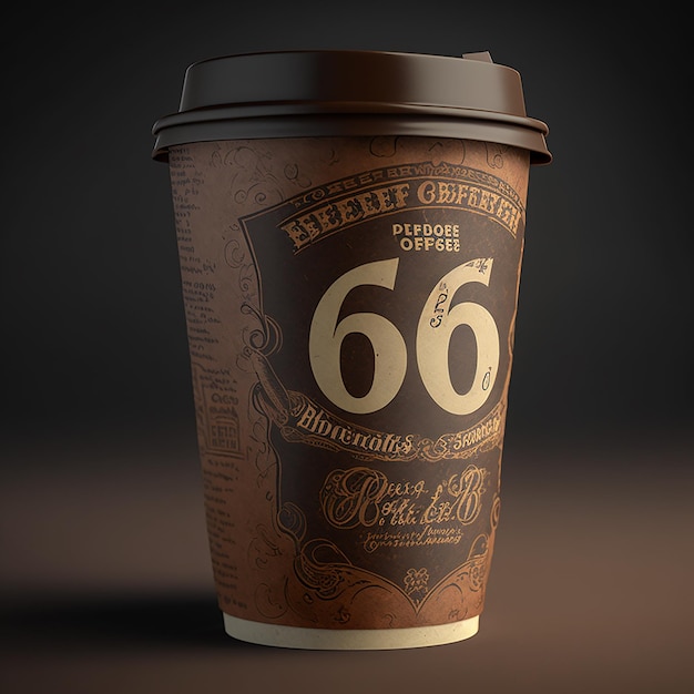 Une tasse à café brune avec le numéro 66 dessus