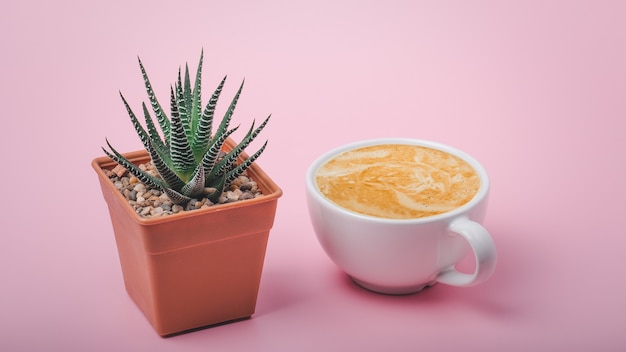 Tasse de café avec cactus vert sur table de bureau rose