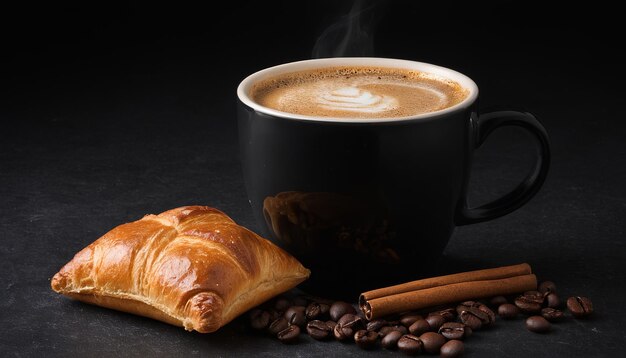 une tasse de café avec un café et un croissant sur la table