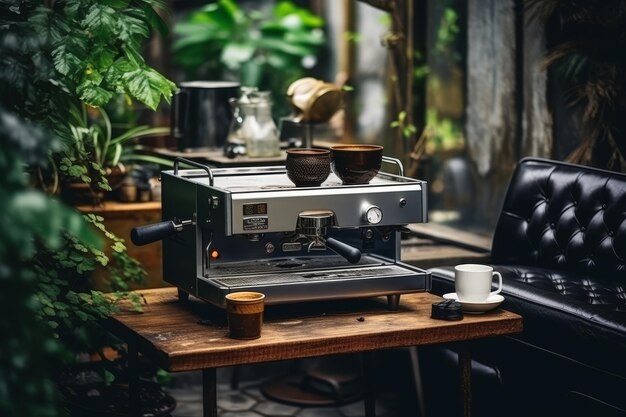 Une tasse de café et une cafetière sur le comptoir d'un café entourés d'une atmosphère de conversation et de plaisir animés