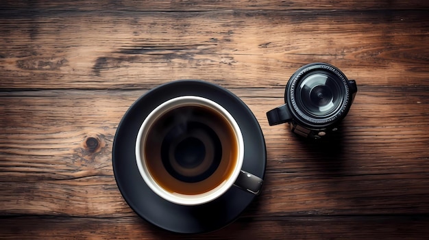 Une tasse de café et une caméra sur une table en bois.