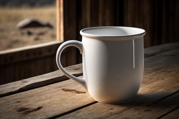 Tasse à café de camping blanche vierge sur une tasse de café de table en bois Maquette d'impression à la demande