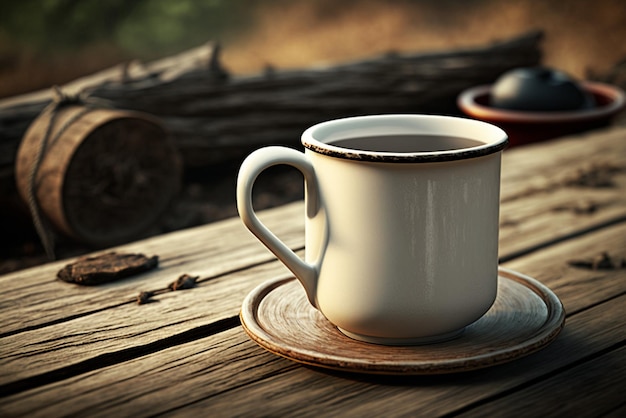 Tasse à café de camping blanche vierge sur une tasse de café de table en bois Maquette d'impression à la demande