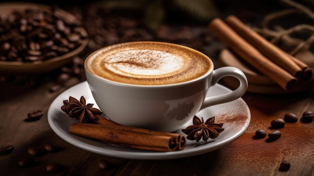 Une tasse de café avec de la cannelle et de l'anis étoilé sur le côté