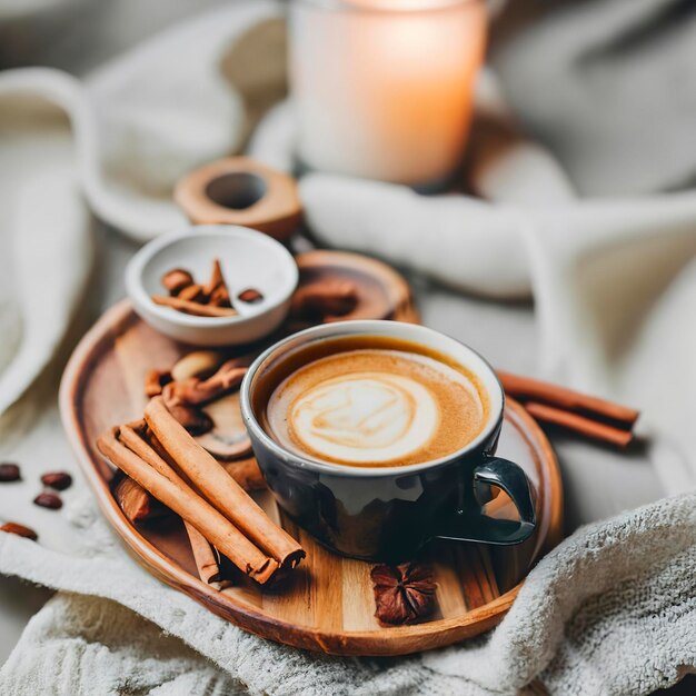 Photo une tasse de café avec de la cannelle et de l'anis sur un plateau en bois à côté d'une bougie brûlante un endroit confortable avec du café à carreaux doux et des fruits secs automne et hiver boisson réconfortante épicée