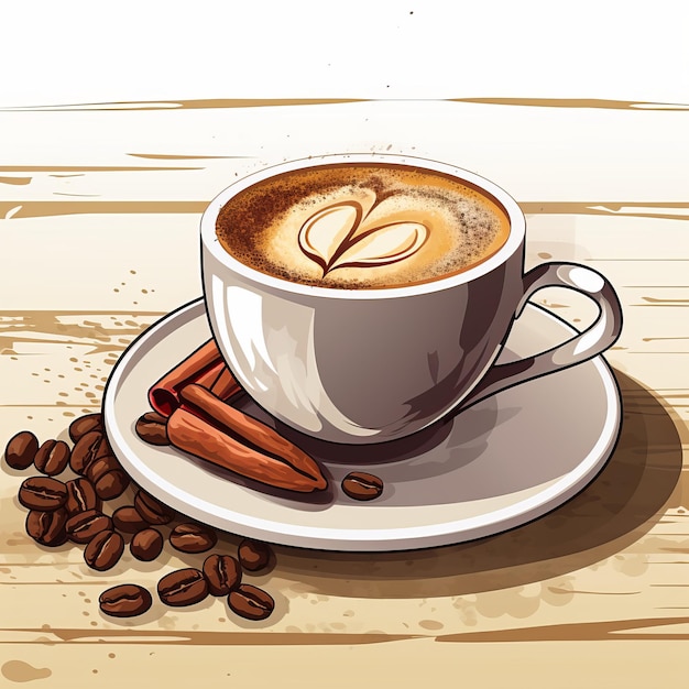 une tasse de café avec de la cannelle et des grains de café sur une table en bois