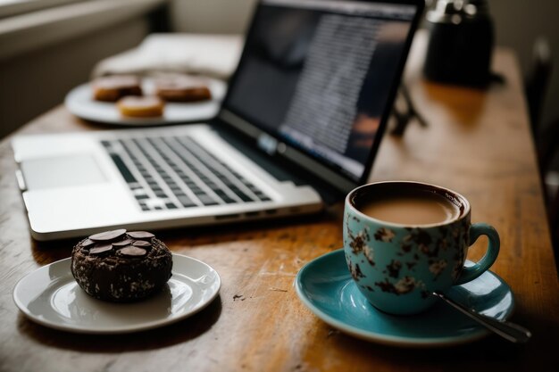 Une tasse de café cappuccino et de biscuits aux pépites de chocolat pour le petit-déjeuner sur une table en bois avec un ordinateur portable pour le travail