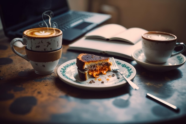 Une tasse de café cappuccino et de pâtisseries pour le petit-déjeuner sur une table en bois avec un ordinateur portable pour le travail et les accessoires