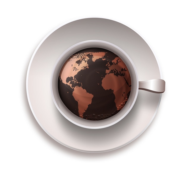 Tasse à café avec une carte du monde sur fond blanc